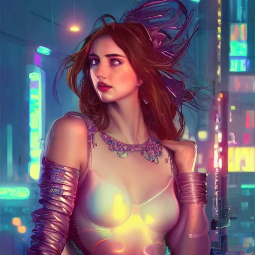 Image similar to portrait futuristic ana de armas cyberpunk cowgirl, neon light rooftop, fantasy, intricate and very very beautiful and elegant, highly detailed, digital painting, artstation, concept art, smooth and sharp focus, illustration, art by tan zi and ayanamikodon and alphonse mucha and wlop