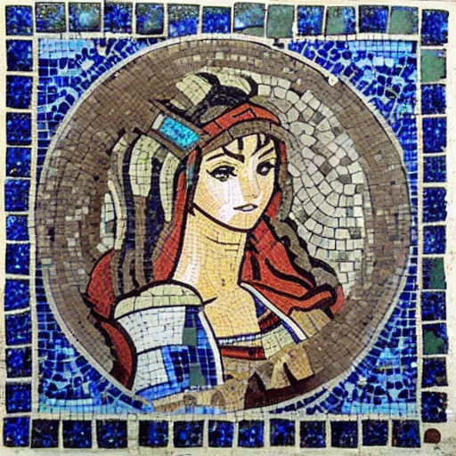 Prompt: ancient Roman tile mosaic depicting cyberpunk anime girl
