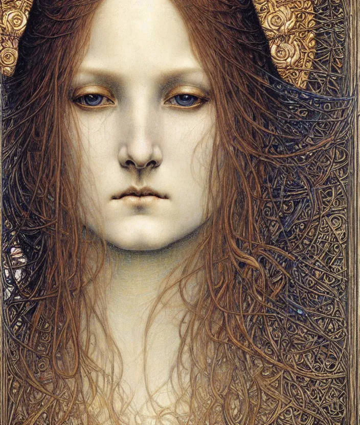 Image similar to detailed realistic beautiful young medieval queen face portrait by jean delville, gustave dore and marco mazzoni, art nouveau, symbolist, visionary, gothic, pre - raphaelite. horizontal symmetry