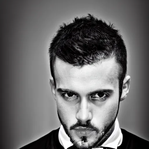Prompt: black and white close - up portrait shot, studio photograph of a male symmetrical handsome andrea belluci the killer, casual clothes, smirking, intricate, elegant, highly detailed, hyper realistic, dark background, flickr, smooth, 4 k, 3 0 0 dpi, sharp focus, shot by canon