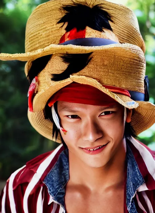 Image similar to A full portrait photo of real-life luffy one piece, f/22, 35mm, 2700K, lighting, perfect faces, award winning photography.