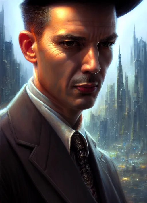 Image similar to closeup portrait shot of a male detective in a scenic cyberpunk environment, intricate, elegant, highly detailed, centered, digital painting, artstation, concept art, smooth, sharp focus, illustration, artgerm, tomasz alen kopera, peter mohrbacher, donato giancola, joseph christian leyendecker, wlop, boris vallejo