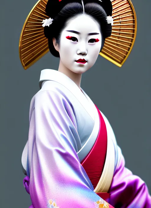 Image similar to Geisha photo portrait, beautiful makeup, pearlescent skin, elegant pose, highly detailed kimono, photorealism, artstation, different point of view, sharp focus, photorealistic, soft diffuse lights, canon 5D 50 mm lens, zen natural background, def of field