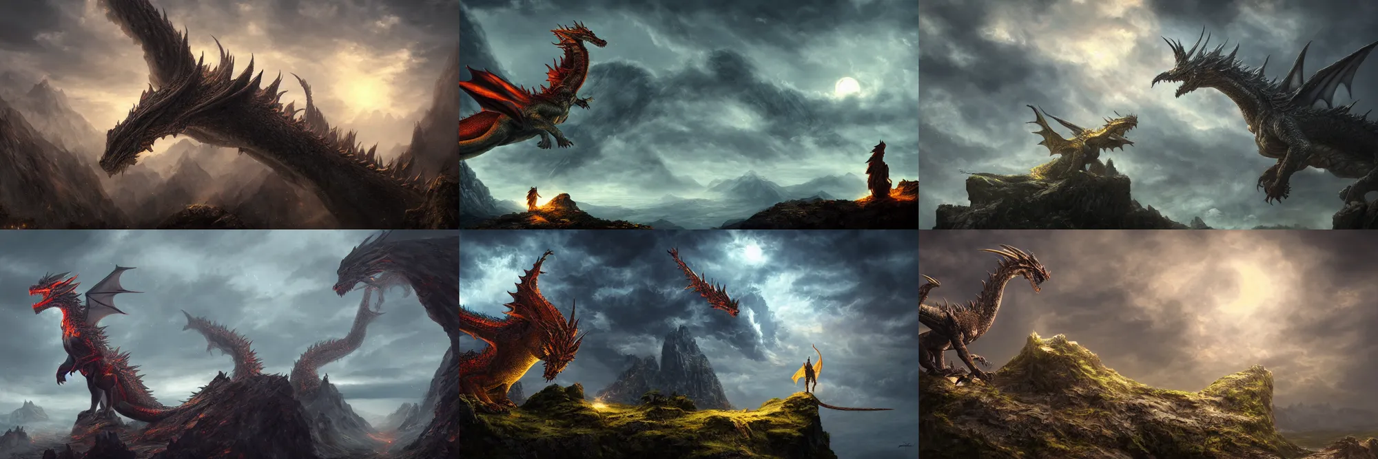 Image similar to photorealistic concept fantasy art of a giant dragon towering over a woefully small night on top of a cliff, trending on artstation