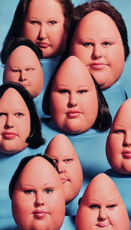 Prompt: obese coneheads, detailed facial features, 1 9 8 0 aesthetic