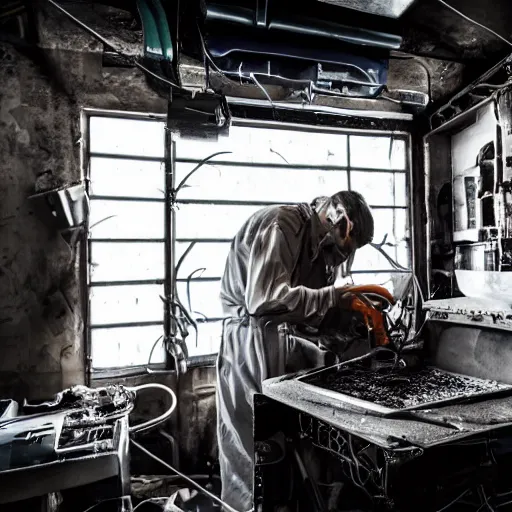 Image similar to technician repairing head of toaster oven mecha, dark messy smoke - filled cluttered workshop, dark, dramatic lighting, orange tint, cinematic, highly detailed, sci - fi, futuristic, movie still