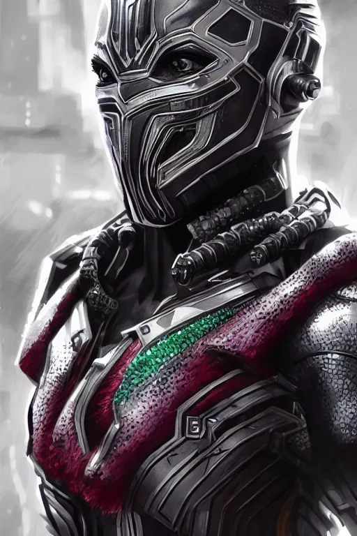 Prompt: sharp focus, closeup shot, ultra realistic illustration, wakandan warrior in a cyberpunk style armor, hacknaut cyberpunk, sci - fi, fantasy, intricate, elegant, highly detailed, digital painting, artstation, concept art, smooth, sharp focus, illustration.