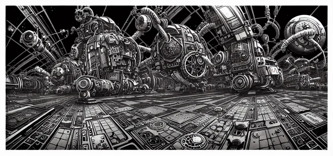 Image similar to steampunk mech tiled floor, one point perspective, high details, line art, by vincent di fate and joe fenton, inking, screen print, masterpiece, trending on artstation, sharp,, hyper - detailed, hd, 4 k, 8 k