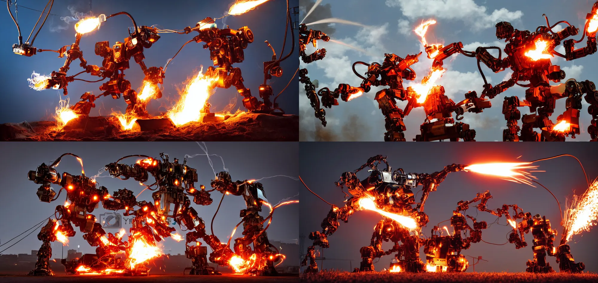 Prompt: Mecha machine battle smoking flamethrower, fire, hanging wires and lights, electricity, metal gear