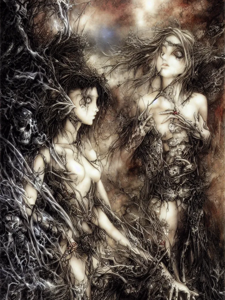 Image similar to life and death mixing together, by luis royo