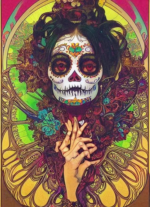 Image similar to realistic detailed psychedelic poster art of a cute punk goth fractal Día de los Muertos girl posing by Victor Moscoso Rick Griffin Alphonse Mucha Jamie Hewlett Moebius, masterpiece