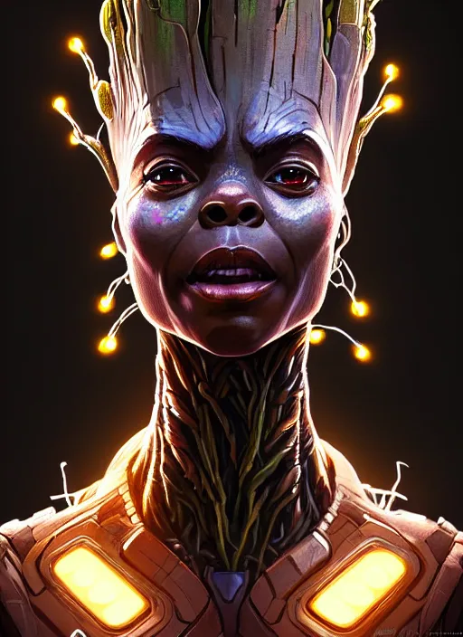 Image similar to portrait of apex legends groot, intricate, elegant, glowing lights, highly detailed, digital painting, artstation, glamor pose, concept art, smooth, sharp focus, illustration, art by artgerm and greg rutkowski, artey freytag