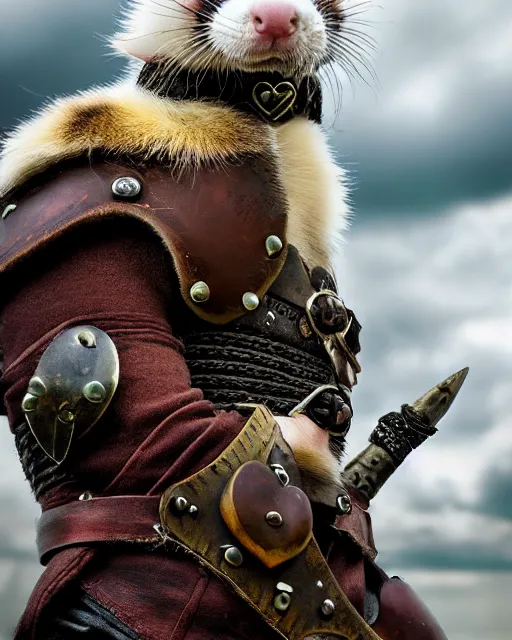 Image similar to ferret love warrior, furry, fantasy, viking, high detailed, hearts, photography, cloudy, lightweight leather armour, scandinavia, plain, detailed face, look into the distance, serious face, full body, in full growth, professional photographer, masterpiece, 5 0 mm, extremely detailed, digital art, middle ages, 8 k