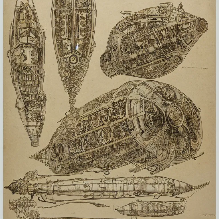 Image similar to detailed, intricate technical drawings on parchment from 1 8 4 0, with labels and notes, for a beautiful, symmetric, art deco submarine cutaway, by ron cobb and alphonse mucha