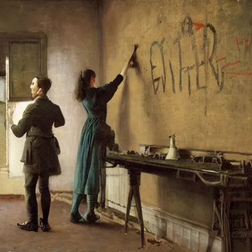 Image similar to a young man and a young woman solving an escape room puzzle, mysterious markings on the wall, by alfred stevens