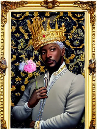 Prompt: rococo painting of a black prince wearing a golden crown with pastel flowers, symmetrical, realistic, 8 k, digital painting, art by kehinde wiley, artem demura