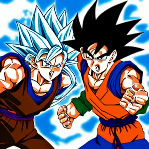 Prompt: Goku and Rick Sanchez going Super Saiyyan as they fight each other near mountain canyons, highly detailed anime art