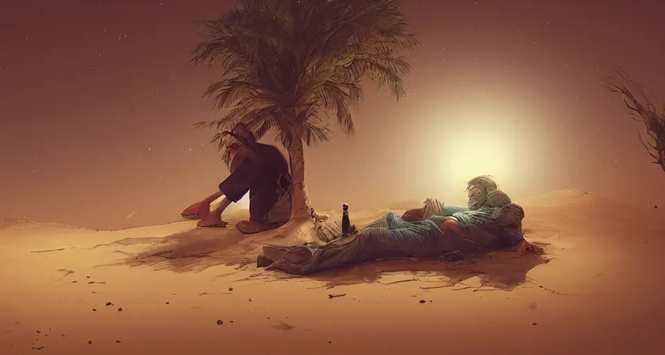 Image similar to a man resting in the desert at night, artstation