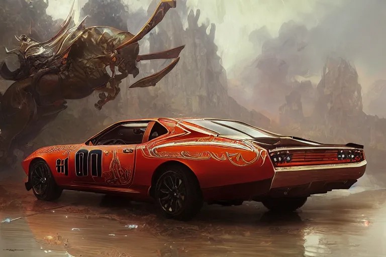 Image similar to The general Lee car, fantasy, elegant, intricate, highly detailed, digital painting, artstation, concept art, sharp focus, illustration, art by artgerm and greg rutkowski and alphonse mucha