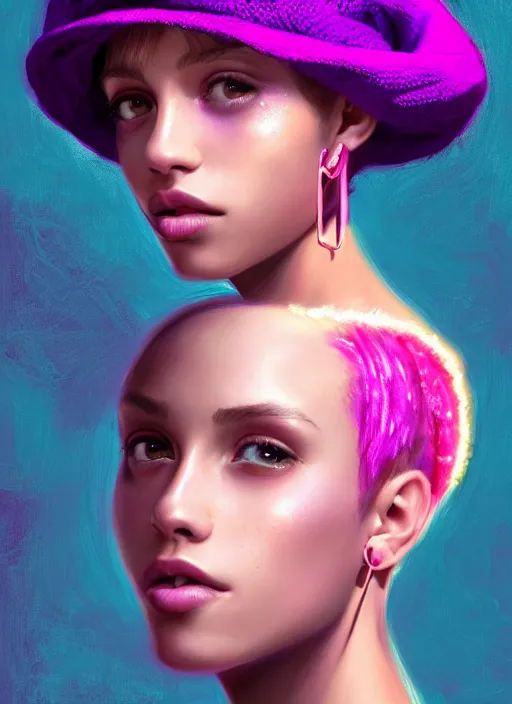 Image similar to portrait of teenage vanessa morgan with bright pink hair, vanessa morgan, curly pixie cut hair, wearing a purple breton cap, breton cap, hoop earrings, intricate, elegant, glowing lights, highly detailed, digital painting, artstation, concept art, smooth, sharp focus, illustration, art by wlop, mars ravelo and greg rutkowski