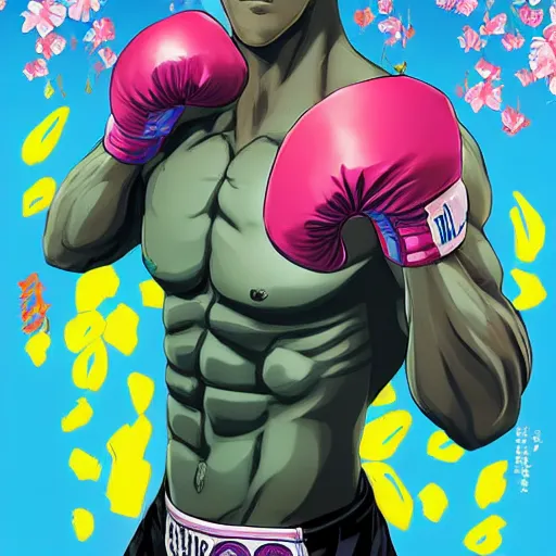 Image similar to handsome boxer, punching, wearing neon boxing shorts, bodybuilder posing, portrait surrounded by hibiscus flowers, jojo cover art, jojo anime style, david production, style of vento aureo cover art, style of stone ocean cover art, style of steel ball run cover art, style of jojolion cover art, ilya kuvshinov style, illustrated by hirohiko araki