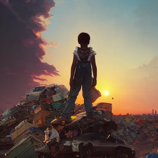 Image similar to kid standing on pile of cars on garbage dump, wasteland city, sunset sky, nostalgia feeling, greg rutkowski, alphonse mucha, trending on artstation, 4 k highly detailed art, digial art, karl schulschenk, dmitriy eremenkov