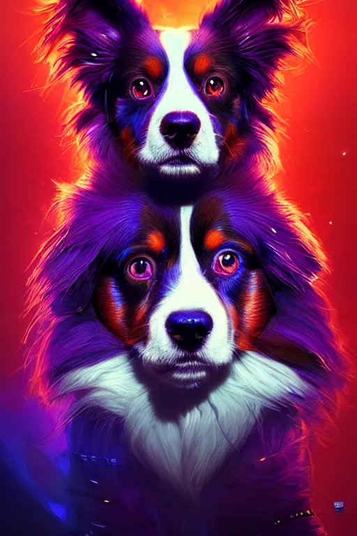 Prompt: a beautiful portrait of a cute cyberpunk red tri australian shepard by greg rutkowski and wlop and sandra chevrier, purple blue color scheme, high key lighting, volumetric light, digital art, highly detailed, fine detail, intricate, ornate, complex, octane render, unreal engine, photorealistic