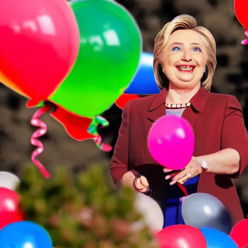 Image similar to lizard Hillary Clinton looking at brightly colored balloons, photo, detailed, 4k