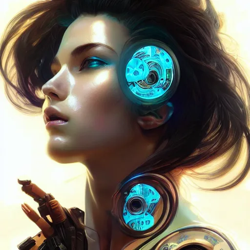 Image similar to beautiful, young woman, cybernetic, cyberpunk, detailed gorgeous face, flowing hair, vaporwave aesthetic, synthwave , digital painting, artstation, concept art, smooth, sharp focus, illustration, art by artgerm and greg rutkowski and alphonse mucha