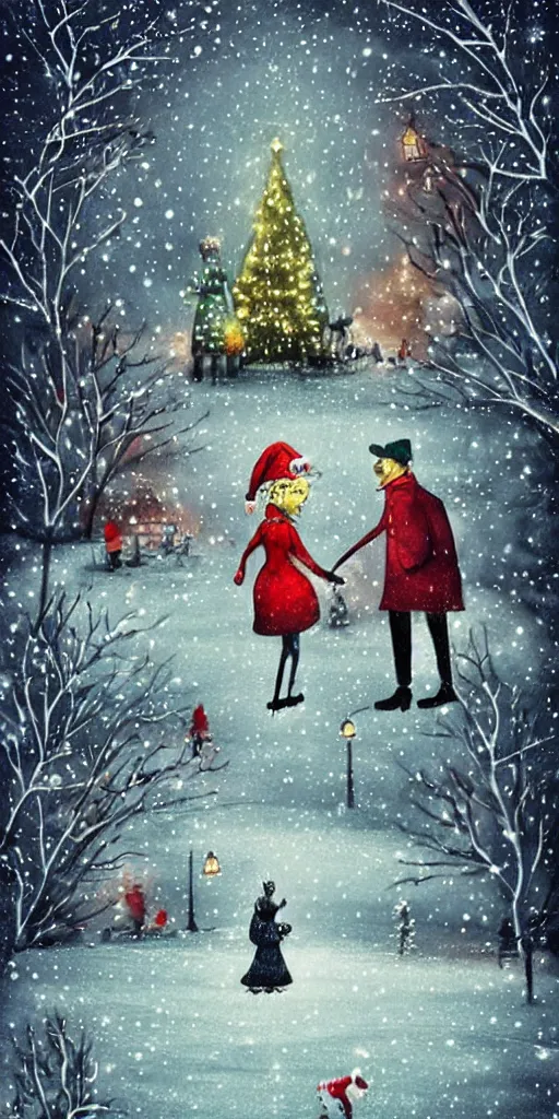 Image similar to a christmas night ice skating couples scene by alexander jansson