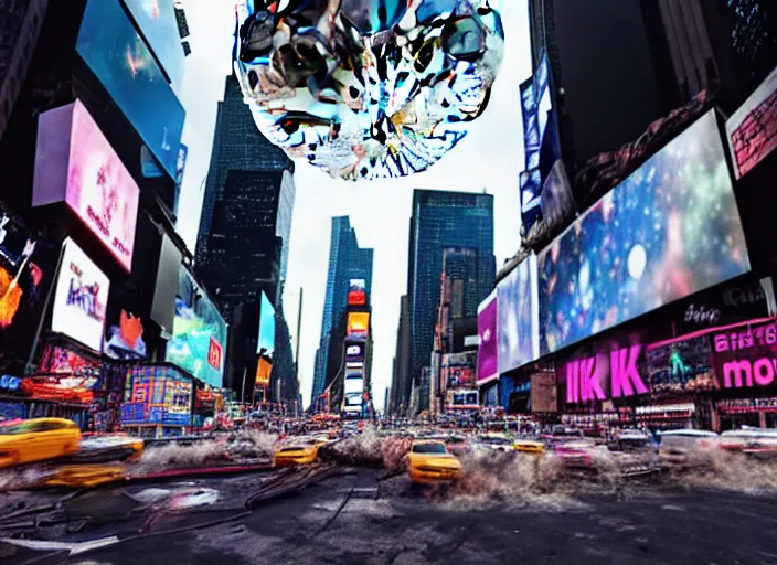 Image similar to film still of the moon shattering into pieces over time square in the new sci - fi movie, 8 k, night time