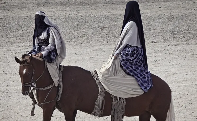 Image similar to beautiful burqa's woman, riding a horse!!! in saharan, sharp eyes, handling riffle on chest, shooting pose, perfect posture, dust, cinematic, dynamic pose, pinterest, center of interest