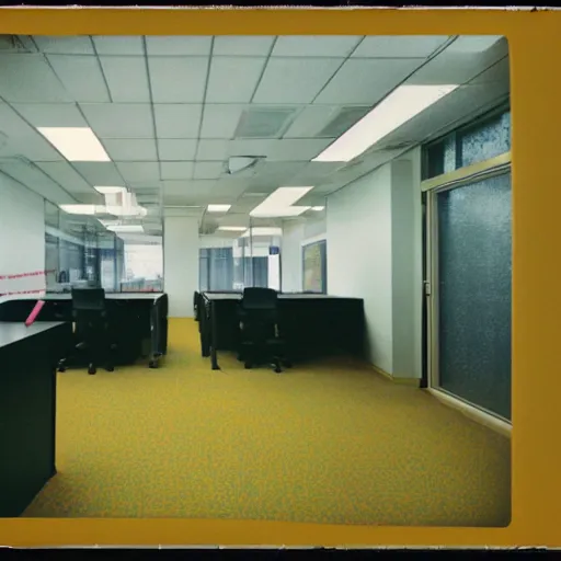 Prompt: A polaroid photograph of an empty endless office space, yellow patterned wallpaper on the walls, moist dirty carpet, unnatural fluorescent warm lights lighting the scene