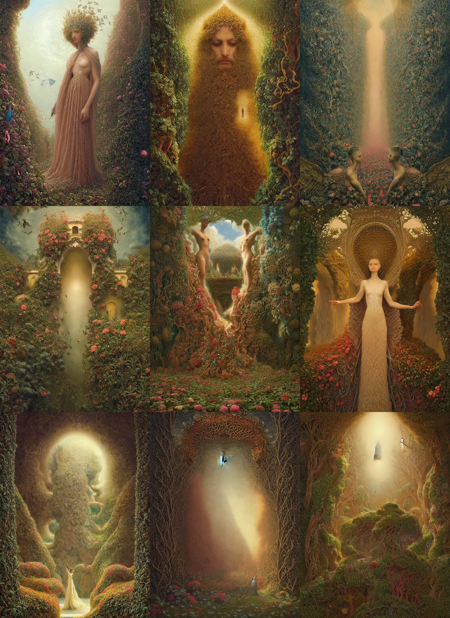 Prompt: guardians of paradise gardens, art by agostino arrivabene and darren aronofsky and abbas kiarostami, tumblr, viennese actionism, fantasy, intricate and very very beautiful and elegant, highly detailed, digital painting, artstation, concept art, smooth and sharp focus, illustration