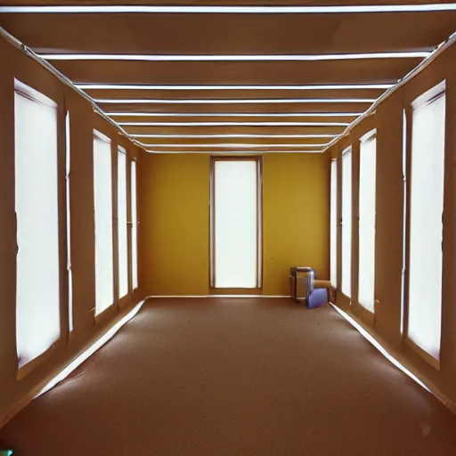 Prompt: a wide - shot photo of dry walls positioned randomly in between cross - sections of rooms. the walls are plastered in only mono - yellow, rectangular florescent lights randomly arranged on a drop - down ceiling, and a old, tan - brown carpet across the floor snaking in between the cross - section walls. taken on a 1 9 9 1 polaroid camera