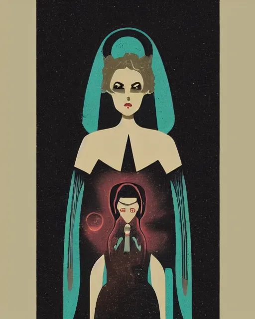 Image similar to retro dark vintage sci - fi. 2 d matte dark gouache illustration in a mystical style. a woman in a river holding two vases. symmetrical face.