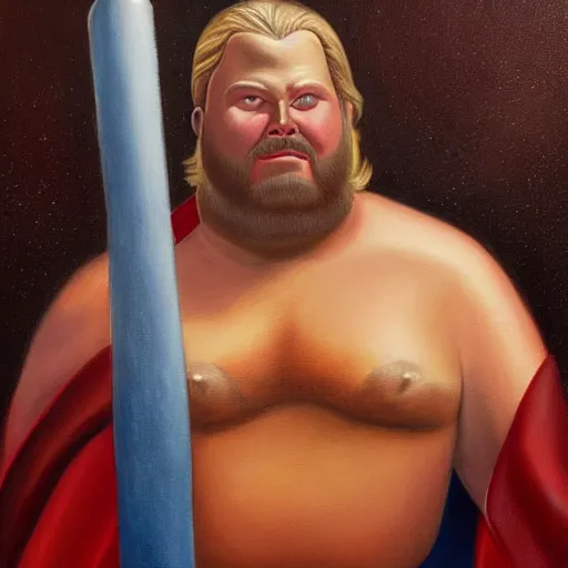 Image similar to Fernando Botero painting of Thor from MCU, high definition art, extremely detailed