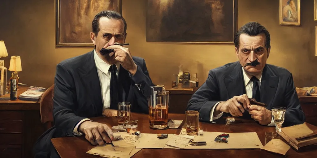 Image similar to beautiful oil matte portrait painting, mafia boss holding a cigar and drinking whiskey at his 5 0 s new york office desk, wonderful masterpiece highly detailed, beautiful cinematic light deep focus, elegant, digital painting, smooth, sharp focus, golden ratio, dramatic illumination, ultra realistic, 8 k, art by jimmy law