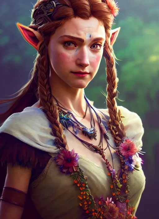 Prompt: portrait of zelda, floral! horizon zero dawn, intricate, elegant, highly detailed, ray tracing, digital painting, artstation, concept art, smooth, sharp focus, illustration, art by artgerm and greg rutkowski and alphonse mucha, 8 k