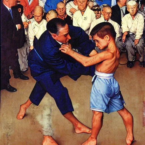 Image similar to benjamin netanyahu karate chopping a kid while wearing karate uniform, by michael cheval and norman rockwell, highly detailed