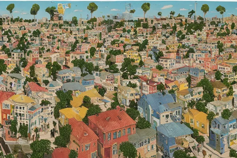 Image similar to an elaborate and dense painting of a peaceful neighborhood in the 1 9 5 0 /, made of alcohol ink on parchment, by wes anderson and geoff darrow