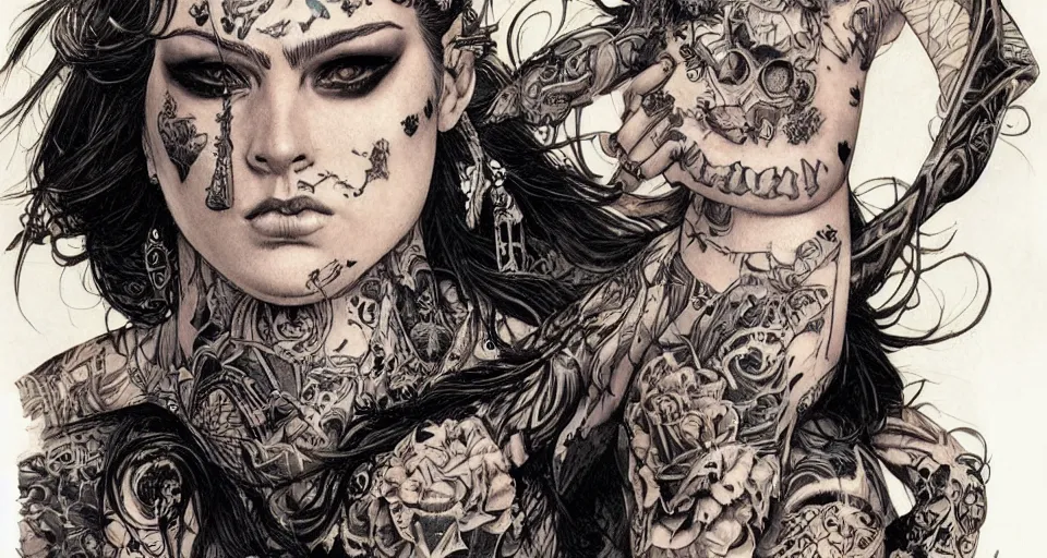 Image similar to a beautiful portrait of a woman with many tattoos, in ornate armor, Travis Charest style