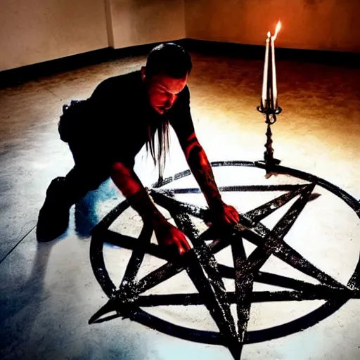 Image similar to a metal musician using a pentagram on the floor to conjure a demon. Candles. Ominous lights. Magic. Horror film still.