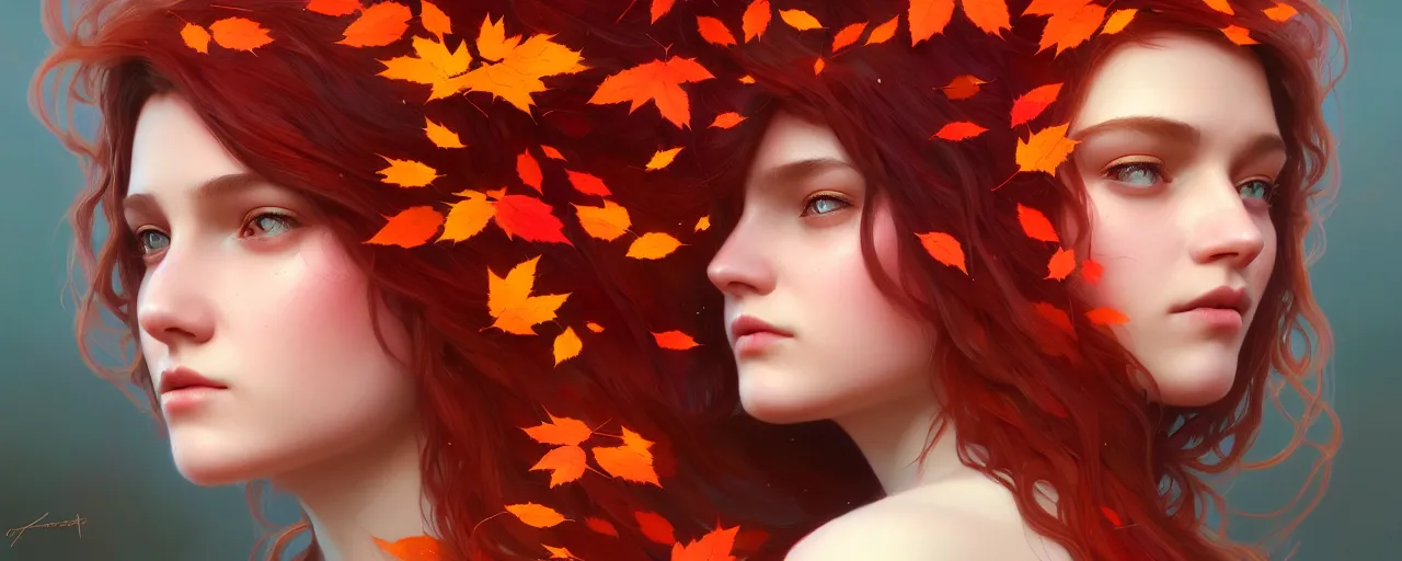 Image similar to girl with with hair becoming autumn red leaves trees, intricate, dreamy, digital painting, artstation, concept arti, unreal engine 5, 8 k, art by artgerm and greg rutkowski and alphonse mucha