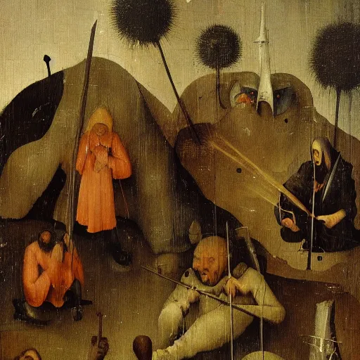 Prompt: Hieronymus Bosch painting of tired and battered soldiers looking up and observing the first rays of sunlight during dawnbreak, dramatic painting, dark, scary, hopeful