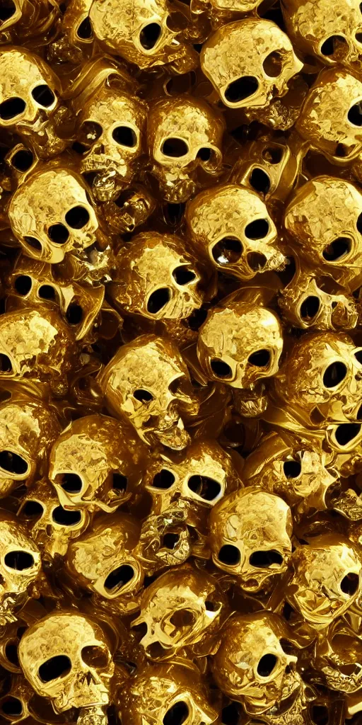 Prompt: many gold skulls stacked on top of each other with flowers and jewerly, photorealistic render, unreal engine, octane render, metallic reflections, physically based rendering, 3 d, dramatic, studio lighting, cinematic, ornate, intricate, highly detailed, 4 k, hd, digital art