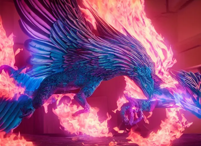 Image similar to pink and blue flaming phoenix, unreal engine 5, intricate, detailed, realistic