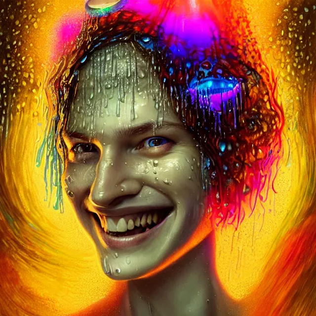 Image similar to bright smiling portrait surrounded by psychedelic mushrooms with rain on face and wet hair, diffuse overhead lighting, fantasy, intricate, elegant, dramatic lighting, highly detailed, lifelike, photorealistic, digital painting, artstation, illustration, concept art, smooth, sharp focus, art by John Collier and Albert Aublet and Krenz Cushart and Artem Demura and Alphonse Mucha