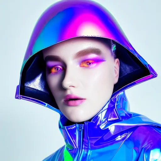 Image similar to an ultra high definition professional studio quality photograph of an artificial celebrity cyberpunk pop star wearing a transparent iridescent perspex pastel coloured face visor and matching raincoat in an empty white room. dramatic lighting. volumetric shadows. light rays