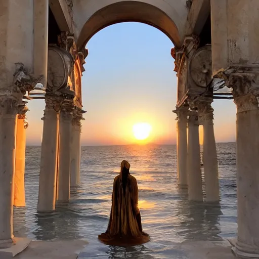 Image similar to A woman wrapped in billowing veils in water under two gilded Roman columns made of human bones, sunset, super photo-realistic